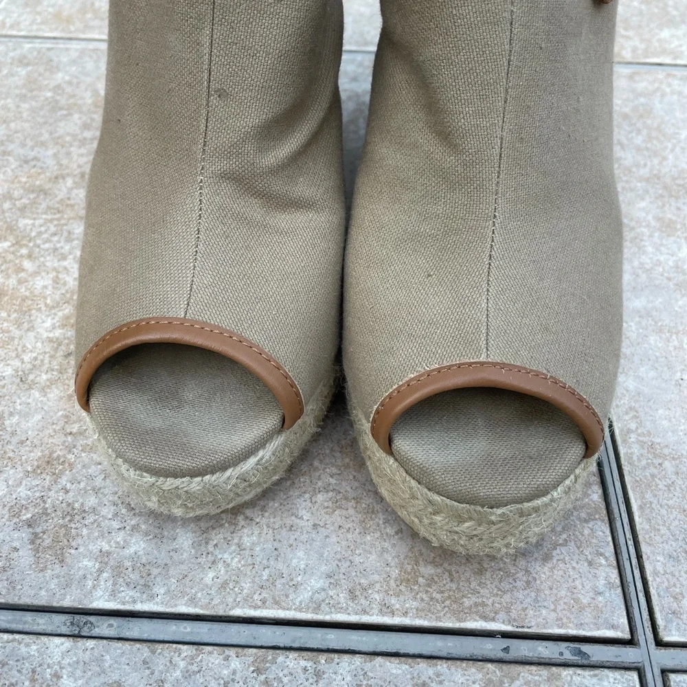 Tory Burch Beige Canvas Wedge Espadrille Mules